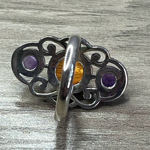 Nicky Butler One of a Kind SS Honey Quartz and Amethyst Multi Gem Scroll Ring - Picture 7 of 11